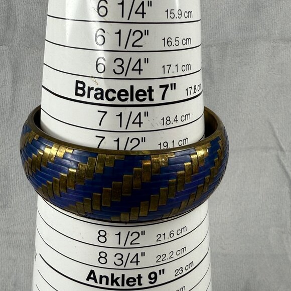 Vintage Brass & Blue Material Woven Design Bangle Bracelet Women Jewelry Classic - Picture 9 of 16